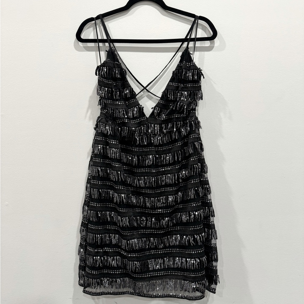 Southern Fried Chics Black Sequin Fringe Dress Adjustable Straps Size M NWT